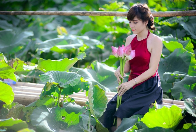 hoa sen, Hồ Tây, áo yếm, chụp ảnh, đầm sen, đầm sen Hồ Tây, giới trẻ