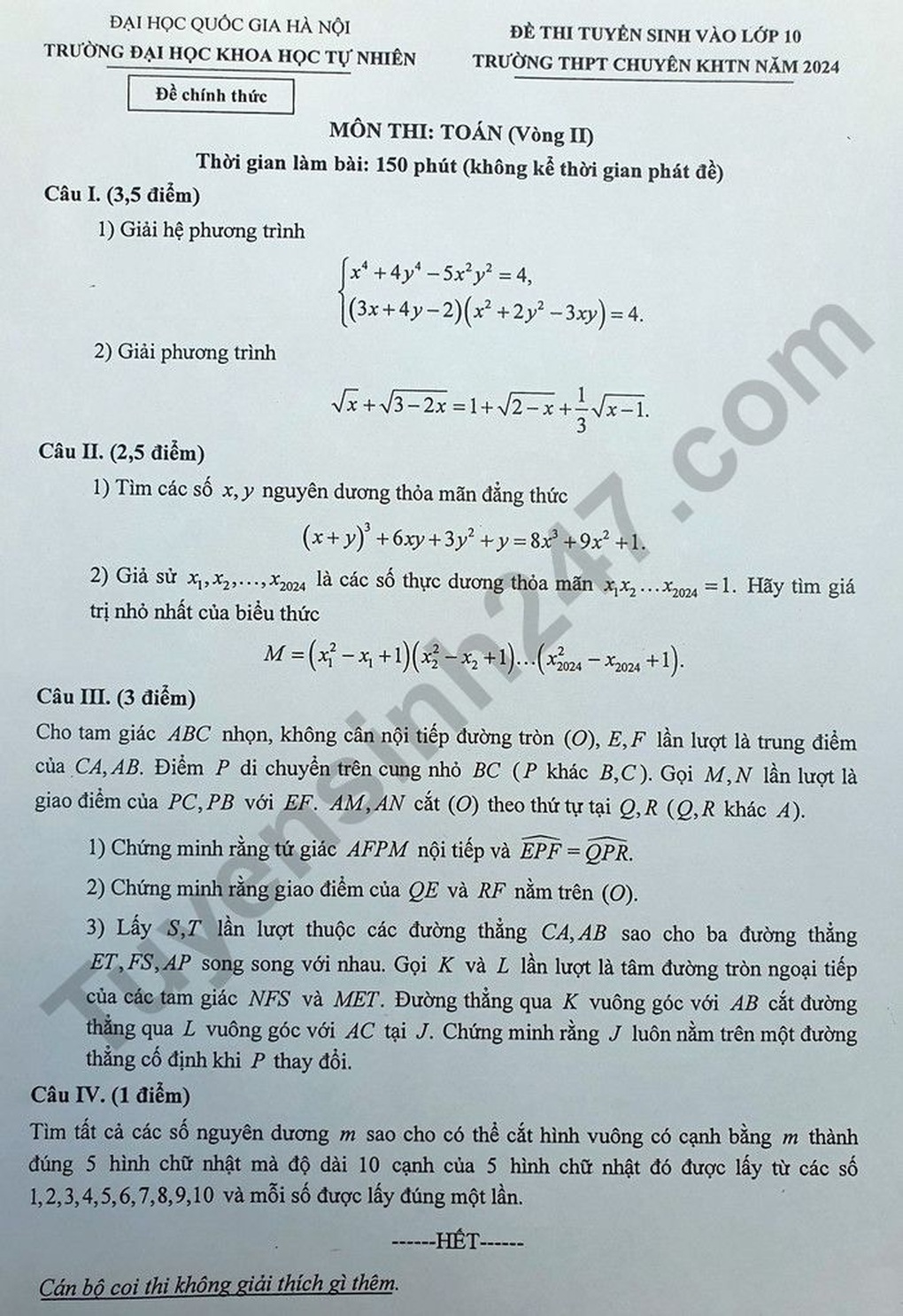 Đề thi được mong đợi nhất vào trường Chuyên Khoa học tự nhiên năm 2024 - 1