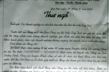 Công an thị trấn gửi “thư” xin tiền doanh nghiệp