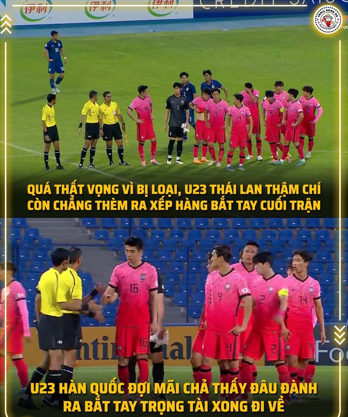 U23 Thái Lan có phản ứng không đẹp sau khi bị loại khỏi giải đấu (Ảnh: Troll bóng đá). U23 Thái Lan có phản ứng không đẹp sau khi bị loại khỏi giải đấu (Ảnh: Troll bóng đá).
