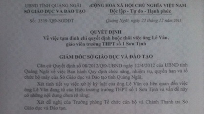 Sở GD-ĐT Quảng Ngãi đình chỉ quyết định hiệu trưởng “buộc thôi việc” giáo viên