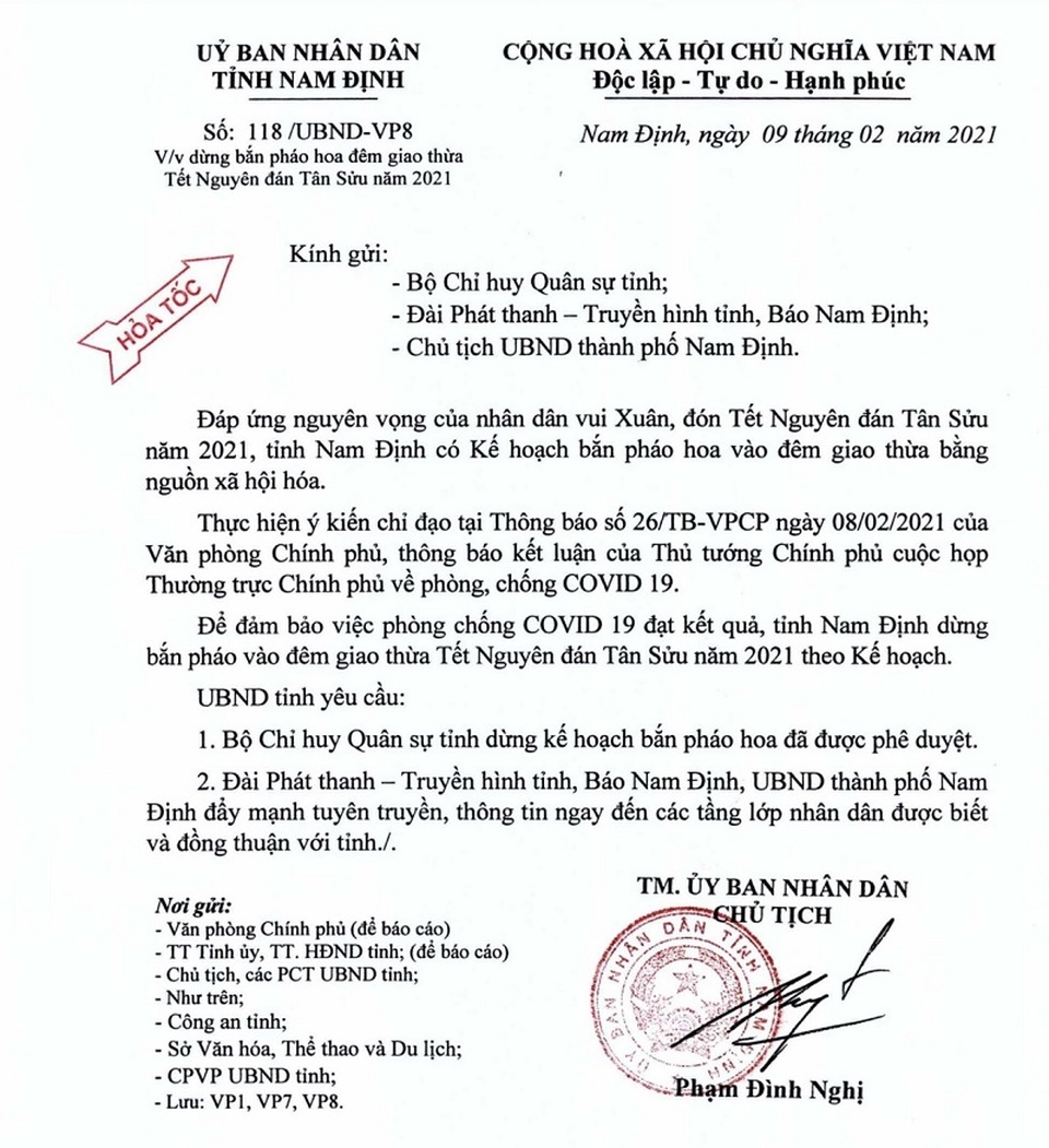 Nam Định ra công văn hỏa tốc hủy kế hoạch bắn pháo hoa đêm Giao thừa - 1 Nam Định ra công văn hỏa tốc hủy kế hoạch bắn pháo hoa đêm Giao thừa - 1