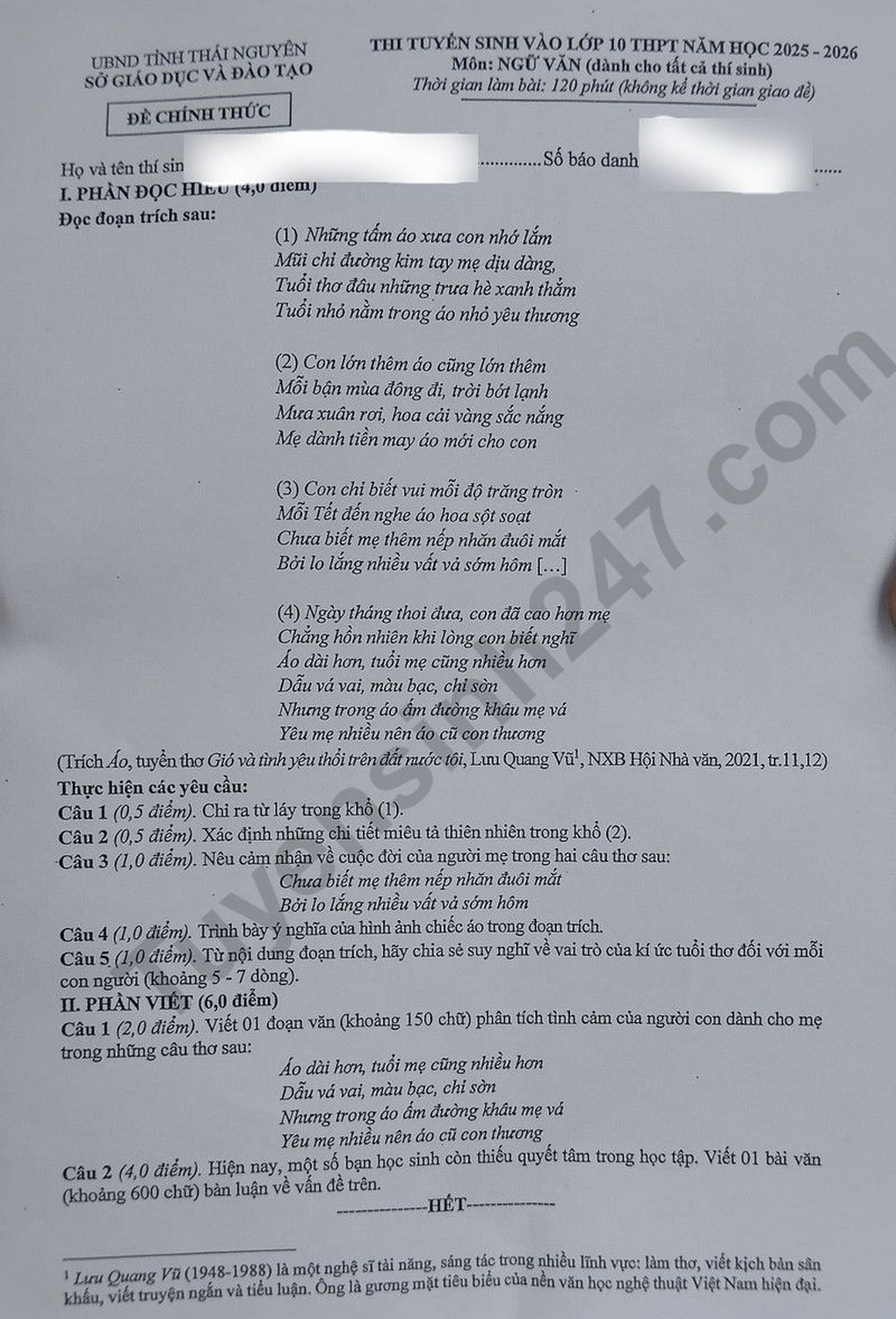 Đề thi, đáp án môn văn, tiếng Anh, toán thi lớp 10 của Thái Nguyên - 13 Đề thi, đáp án môn văn, tiếng Anh, toán thi lớp 10 của Thái Nguyên - 13