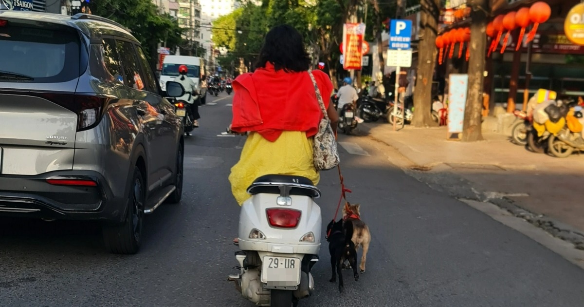 Công an Khánh Hòa truy tìm người phụ nữ đầu trần đi xe máy dắt 2 con chó