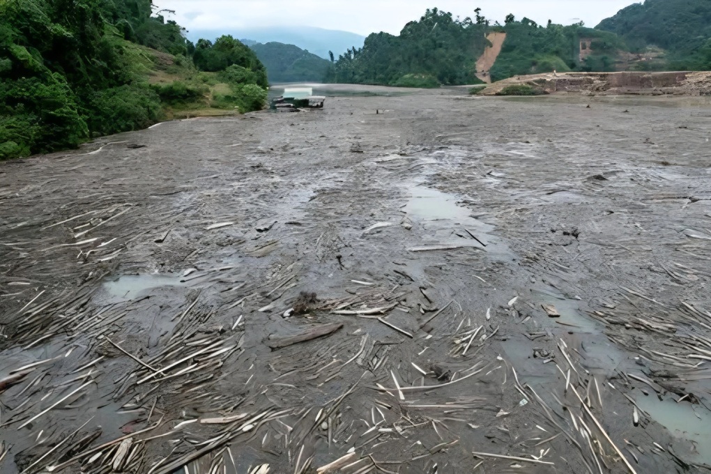 Hàng tấn rác thải, gỗ mục phủ kín mặt hồ Hủa Na - 1
