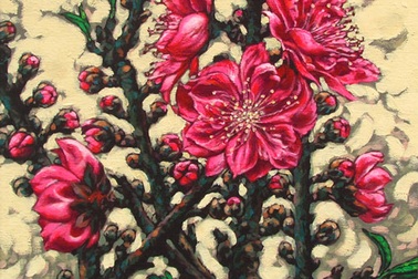 Vẻ đẹp mê hoặc của hoa đào trong tranh sơn dầu