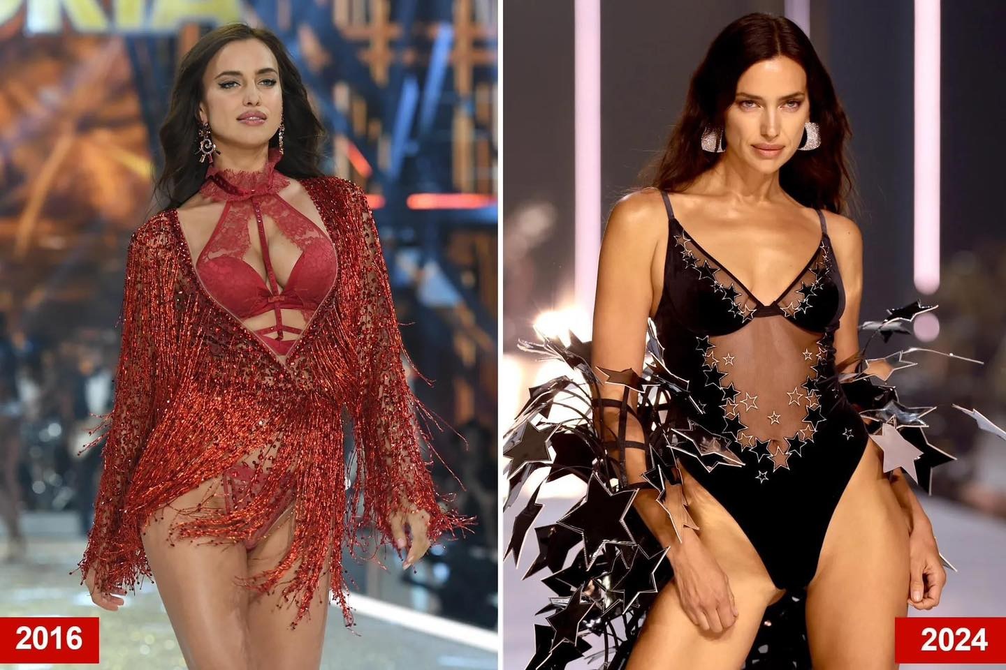 Irina Shayk (38 tuổi) diện bộ nội y được phủ kín chi tiết ngôi sao từ thân trang phục cho đến áo choàng dài quét đất. Những bước đi cuốn hút và thần thái gợi cảm của bà mẹ một con dường như không thay đổi qua nhiều năm tháng (Ảnh: Page Six).