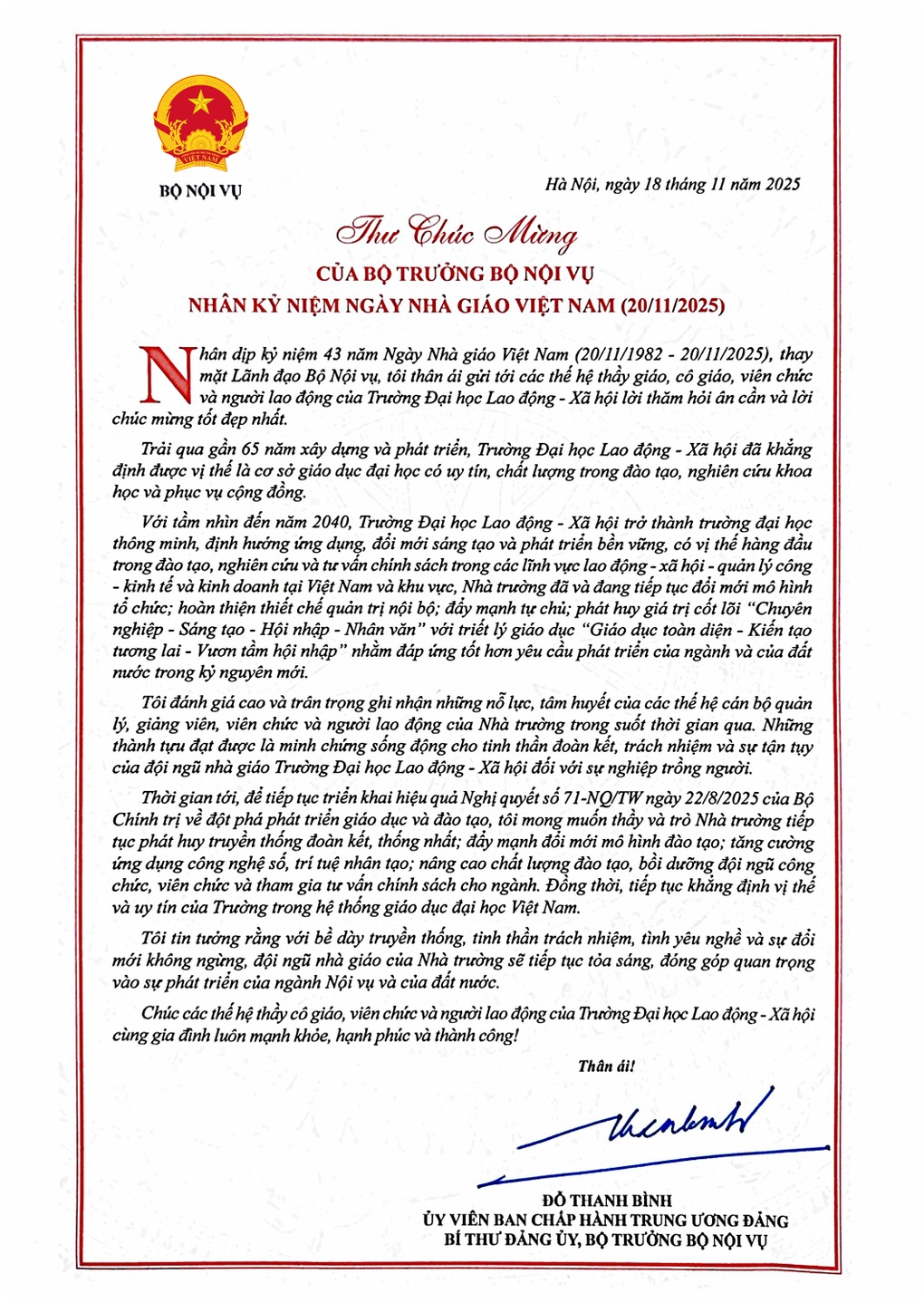 Bộ trưởng Bộ Nội vụ gửi thư chúc mừng nhân Ngày Nhà giáo Việt Nam 20/11 - 1 Bộ trưởng Bộ Nội vụ gửi thư chúc mừng nhân Ngày Nhà giáo Việt Nam 20/11 - 1