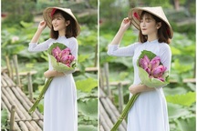 Thiếu nữ quê quan họ Bắc Ninh tinh khôi bên hoa sen