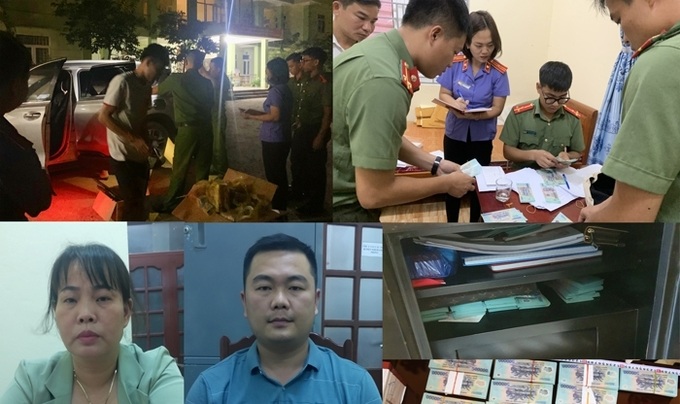 Quách Thị Huyền và Lê Quốc Bảo cùng số tiền giả thời điểm bị phát hiện, thu giữ (Ảnh: Công an Thanh Hóa)