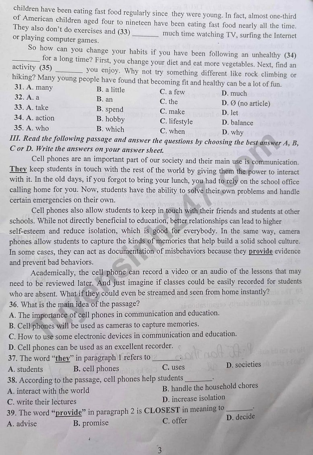 English exam questions and answers for grade 10 in Thanh Hoa province in 2025 - 3 Đề thi và đáp án môn tiếng Anh vào lớp 10 tỉnh Thanh Hóa năm 2025 - 3