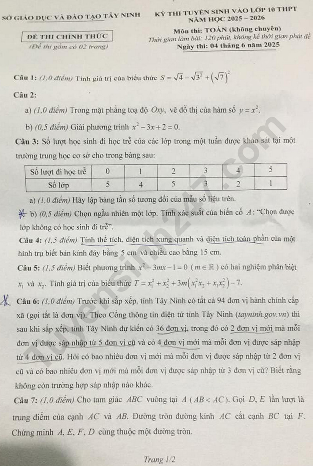 Đề thi và đáp án 3 môn vào lớp 10 tỉnh Tây Ninh năm 2025 - 1 Đề thi và đáp án 3 môn vào lớp 10 tỉnh Tây Ninh năm 2025 - 1