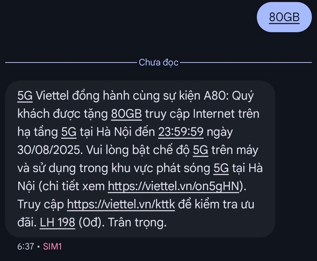 Los suscriptores de Viettel en Hanoi recibirán 80 GB de datos 5G del 2 al 1 de septiembre. Thuê bao Viettel tại Hà Nội được tặng 80GB dữ liệu 5G dịp 2/9 - 1