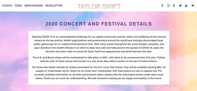 Taylor Swift huỷ bỏ tất cả các show diễn trong năm 2020, fan tiện thể cà khịa Justin Bieber vì huỷ show vì dịch chứ không phải vì ế vé? - Ảnh 1. Taylor Swift huỷ bỏ tất cả các show diễn trong năm 2020, fan tiện thể cà khịa Justin Bieber vì huỷ show vì dịch chứ không phải vì ế vé? - Ảnh 1.