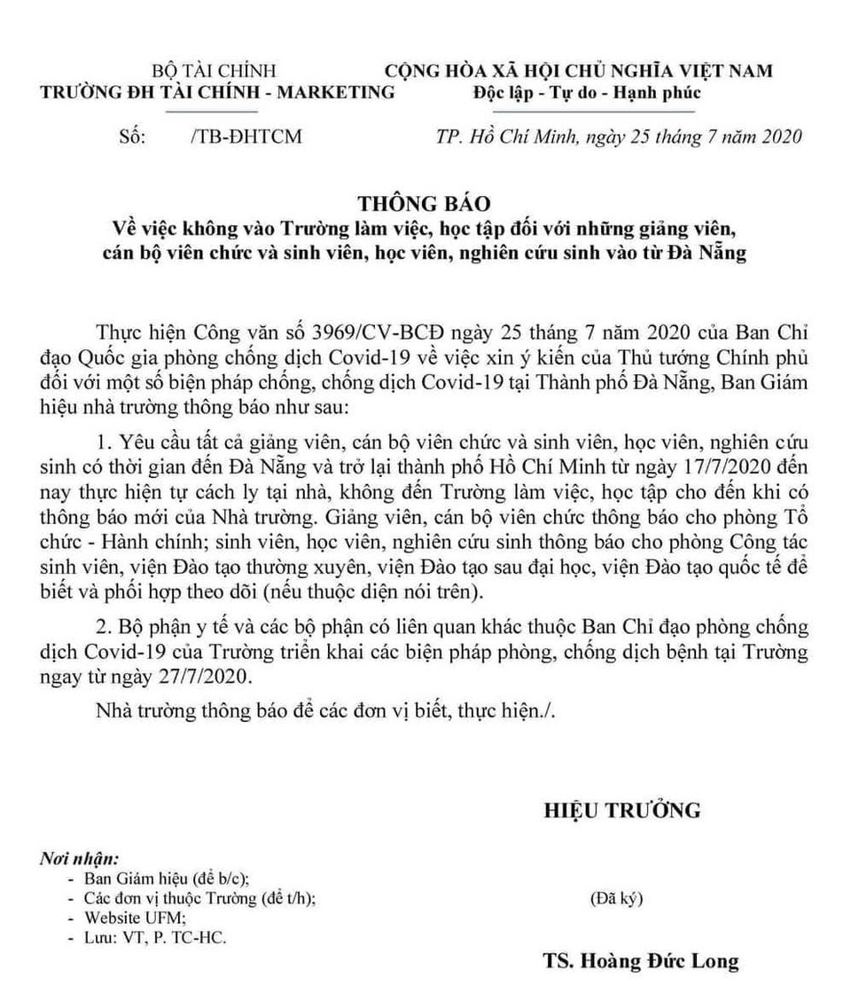 Trường đại học yêu cầu sinh viên, giảng viên về từ Đà Nẵng cách ly tại nhà - 1 Trường đại học yêu cầu sinh viên, giảng viên về từ Đà Nẵng cách ly tại nhà - 1