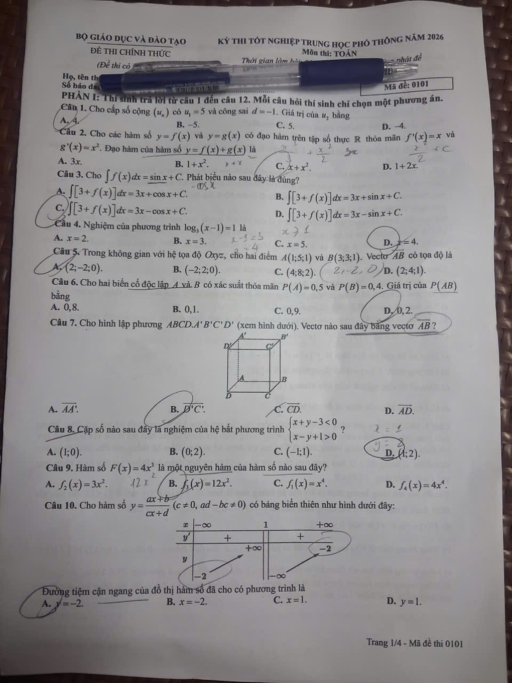 Đáp án đề thi môn toán thi tốt nghiệp THPT 2026: Mã đề 0101 - 2