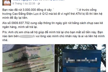Nhờ Facebook tìm được tiền đánh rơi ở trụ ATM