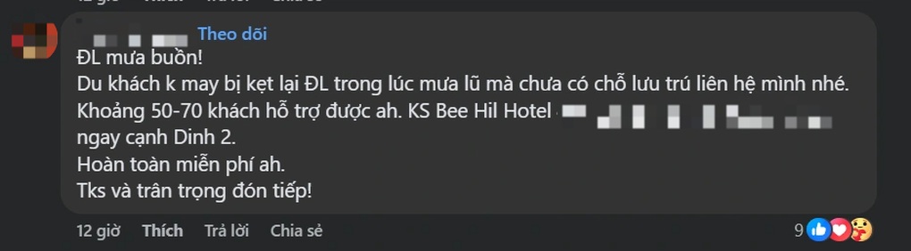 Chủ khách sạn Đà Lạt miễn phí phòng cho du khách mắc kẹt vì mưa lũ - 1 Chủ khách sạn Đà Lạt miễn phí phòng cho du khách mắc kẹt vì mưa lũ - 1