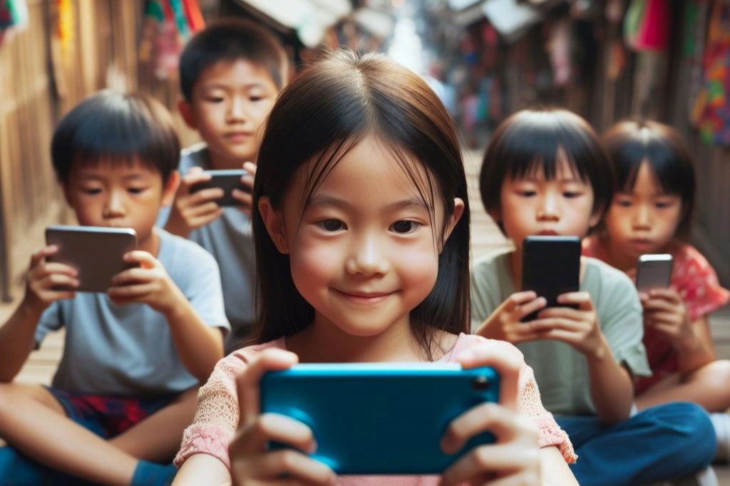 Trẻ em ngày nay xem điện thoại nhiều hơn đọc sách (Ảnh tạo bởi AI).