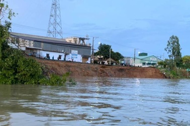 Hàng chục mét đường quốc lộ đổ ụp xuống Sông Hậu