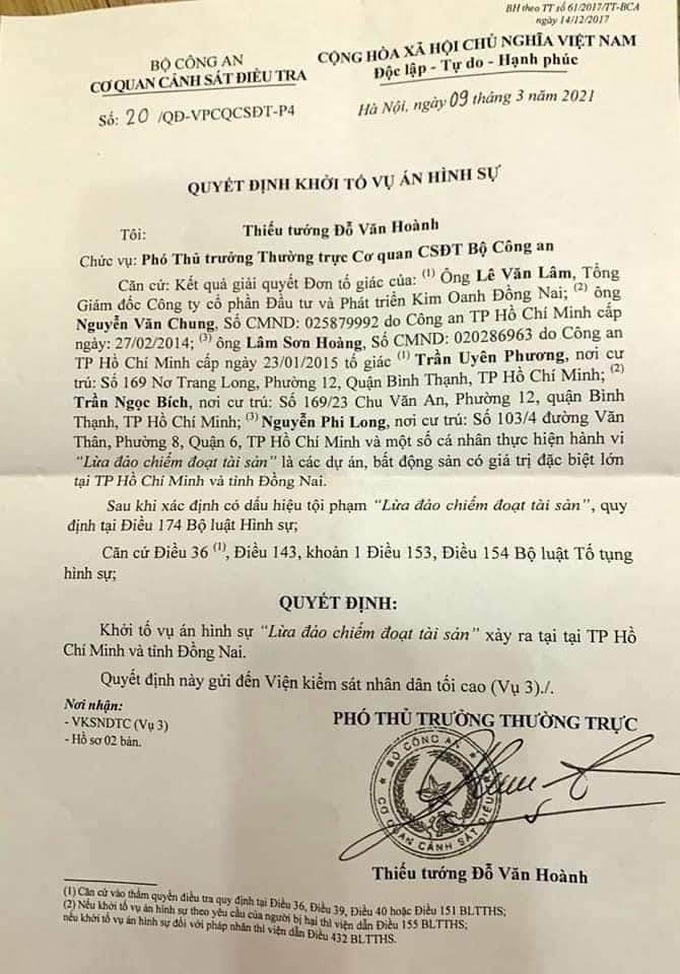 Quyết định khởi tố hình sự số 20 của Bộ Công an liên quan đến hai ái nữ của ông Trần Quý Thanh, Chủ tịch Tập đoàn Tân Hiệp Phát là bà Trần Ngọc Bích và Trần Uyên Phương.