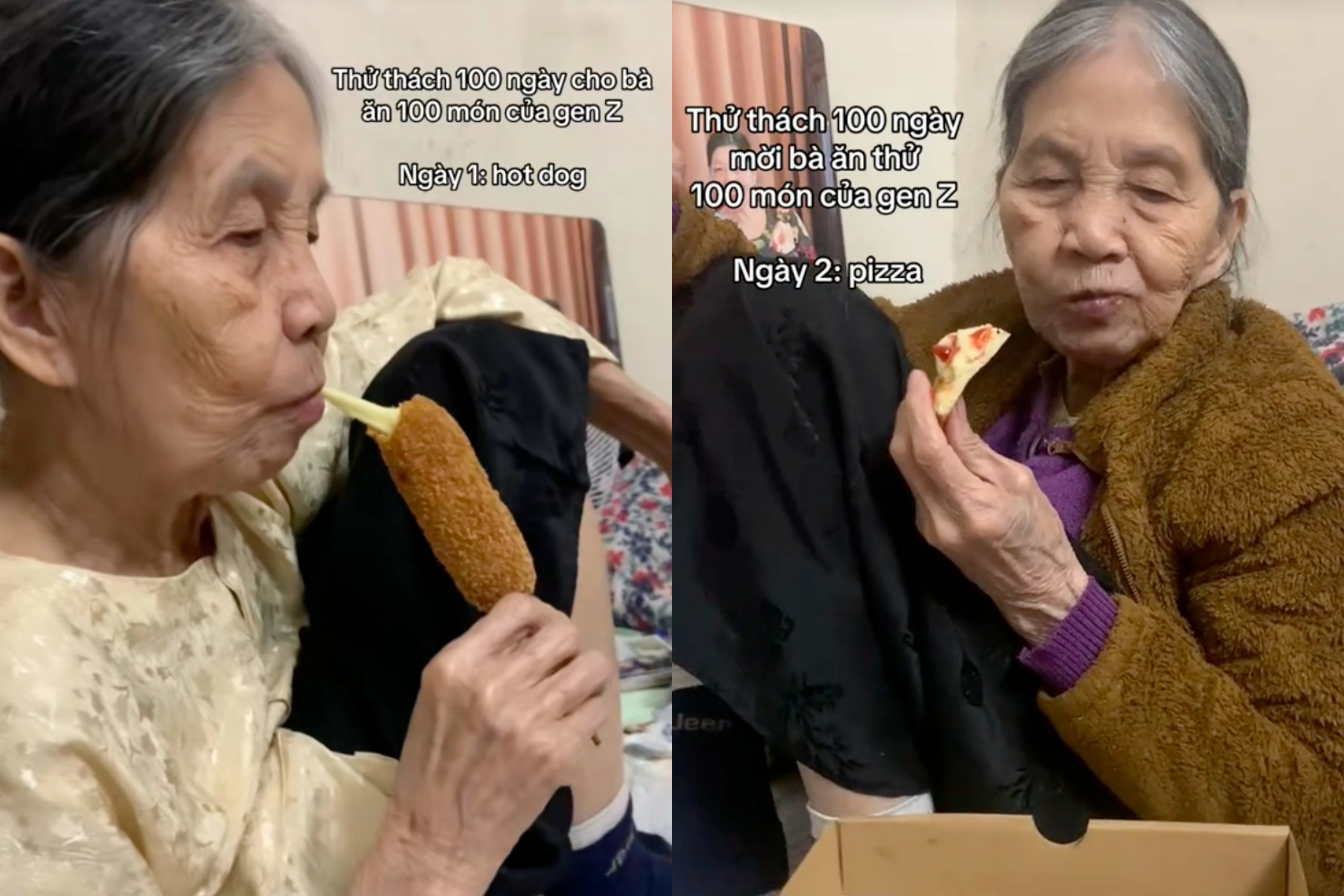 ہنوئی کی بوڑھی خاتون نے خود کو پیزا کھانے اور دودھ کی چائے پینے کا چیلنج کیا: لاکھوں ناظرین کو حیران کر دیا - 1 Cụ bà Hà Nội thử thách ăn pizza, uống trà sữa: Bất ngờ cả triệu người xem - 1