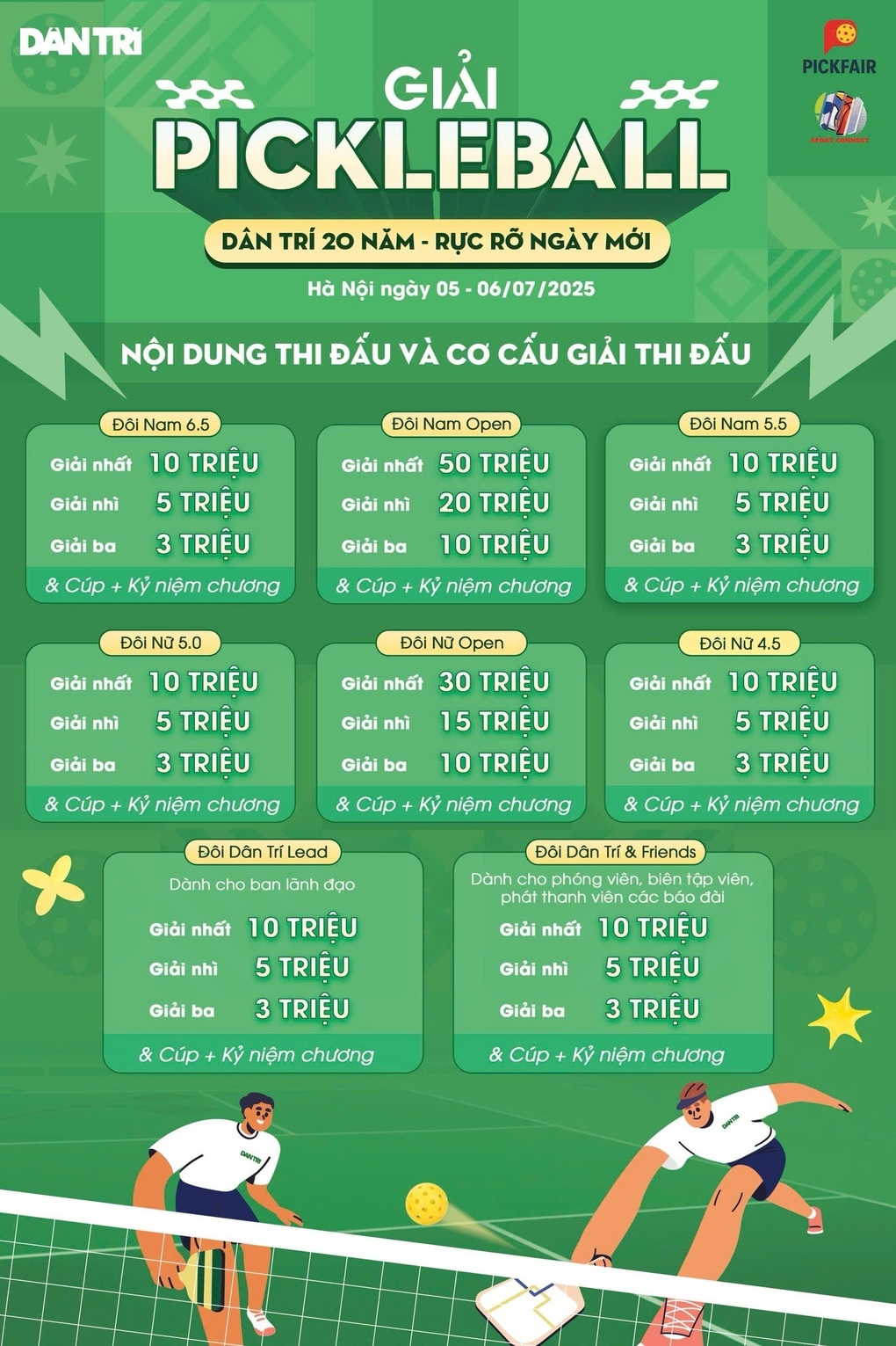 Lịch thi đấu ngày 6/7 giải pickleball Dân trí 20 năm - Rực rỡ ngày mới - 6 Lịch thi đấu ngày 6/7 giải pickleball Dân trí 20 năm - Rực rỡ ngày mới - 6