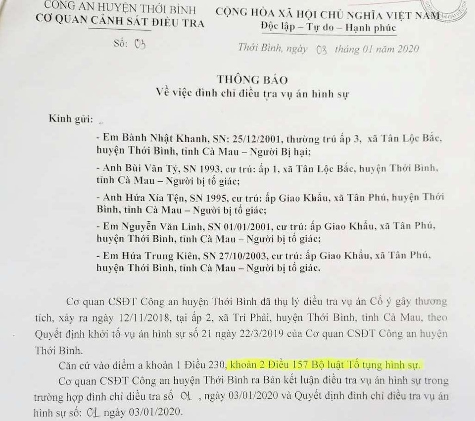 Một vụ cố ý gây thương tích bị “tố” không xử lý khách quan tại Cà Mau - 4 Một vụ cố ý gây thương tích bị “tố” không xử lý khách quan tại Cà Mau - 4