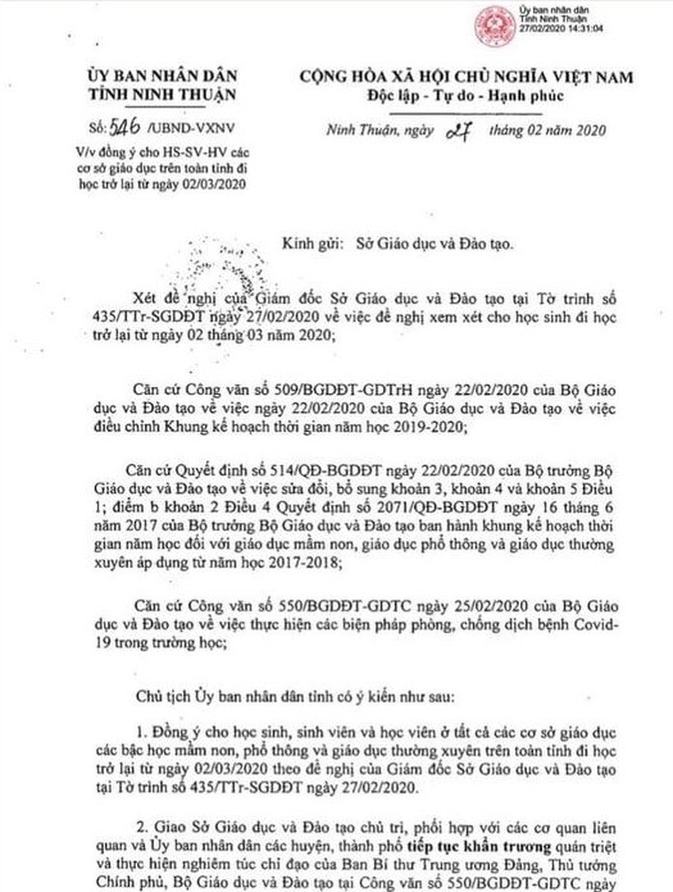 Ninh Thuận đồng ý cho học sinh, sinh viên đi học trở lại từ ngày 2/3 - 1 Ninh Thuận đồng ý cho học sinh, sinh viên đi học trở lại từ ngày 2/3 - 1