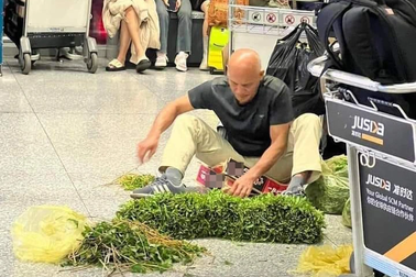 Khách tây ngồi nhặt rau muống tại sân bay Nội Bài