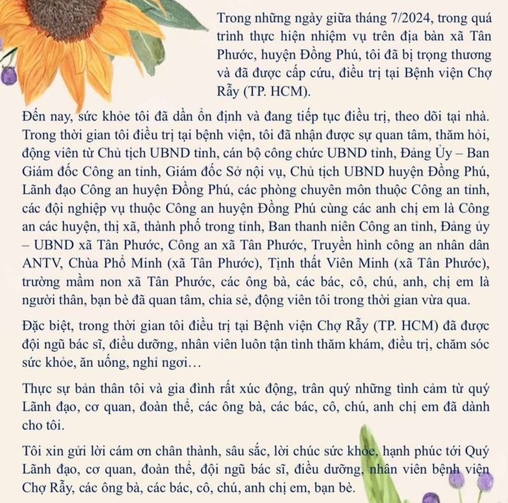 Lá thư của đại úy công an bị kẻ gây rối chém trọng thương ở Bình Phước - 1 Lá thư của đại úy công an bị kẻ gây rối chém trọng thương ở Bình Phước - 1