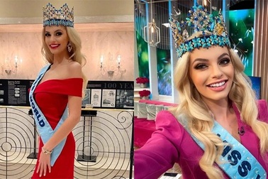 Hoa hậu Thế giới Karolina Bielawska đẹp quyến rũ với váy đỏ rực