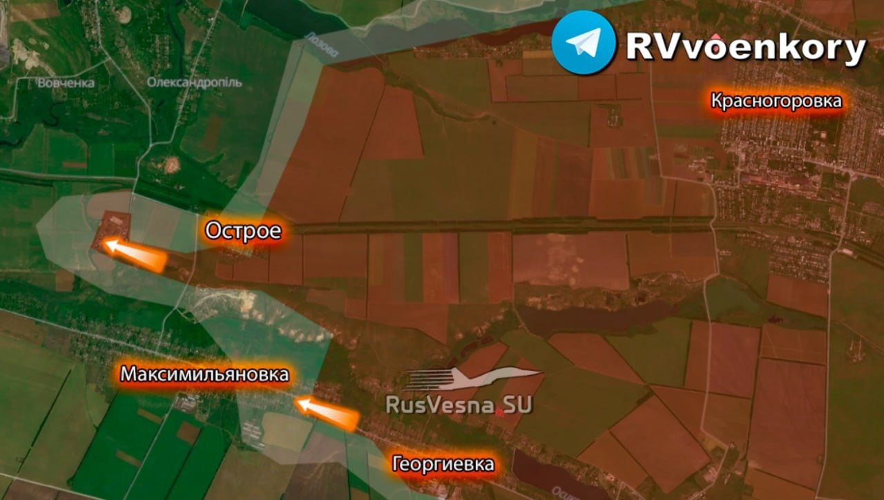 Bản đồ chiến sự Ukraine tại Kurakhove ngày 22/9. Trong đó, Nga kiểm soát phần màu nâu và tiếp tục phát triển theo các mũi tên màu cam (Ảnh: RVvoenkory).