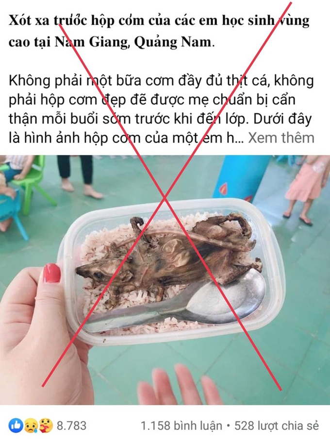 Hình ảnh hộp cơm thịt chuột trong bữa ăn học sinh vùng cao lan truyền trên mạng xã hội là không chính xác.