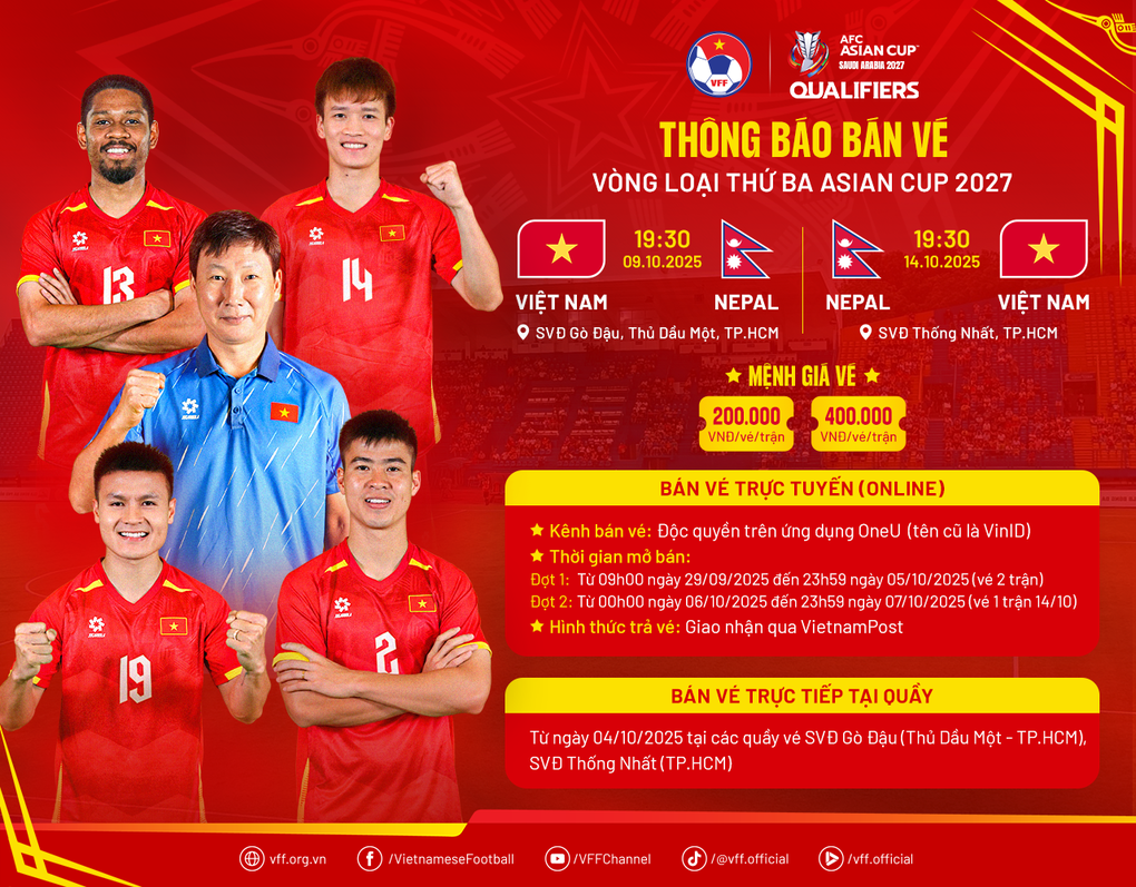 VFF kêu gọi cổ vũ đội tuyển Việt Nam, bán vé các trận gặp Nepal - 1 VFF kêu gọi cổ vũ đội tuyển Việt Nam, bán vé các trận gặp Nepal - 1