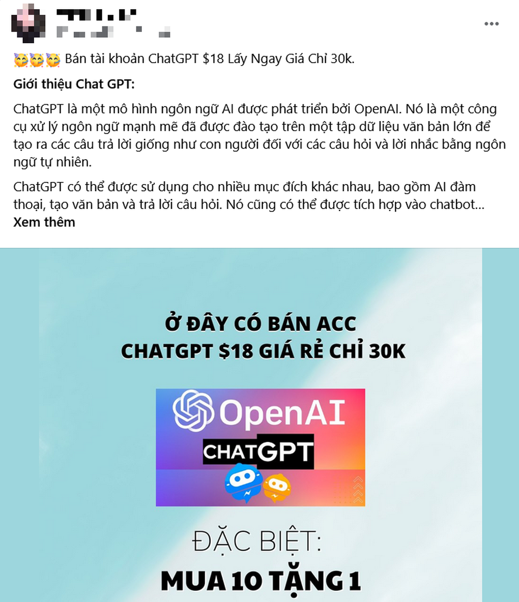 Quảng cáo rao bán tài khoản ChatGPT tràn ngập các nền tảng mạng xã hội trong những ngày gần đây (Ảnh chụp màn hình). Quảng cáo rao bán tài khoản ChatGPT tràn ngập các nền tảng mạng xã hội trong những ngày gần đây (Ảnh chụp màn hình).