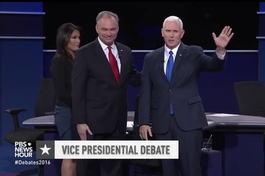 Hai ứng viên phó tổng thống Mỹ chào khán giả trước màn "đấu khẩu"
