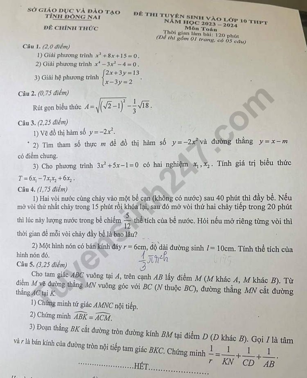 Đáp án khêu gợi ý đề ganh đua toán nhập lớp 10 tỉnh Đồng Nai 2023 - 1 Đáp án khêu gợi ý đề ganh đua toán nhập lớp 10 tỉnh Đồng Nai 2023 - 1