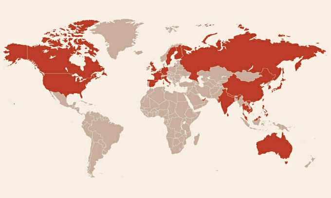 Các nước có bệnh nhân nhiễm virus corona. Bấm vào hình để xem chi tiết.