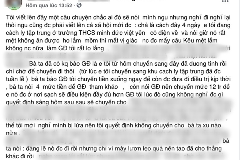 Y tá vòi 12 triệu đồng mới cho người nghi mắc Covid-19 điều trị ở nơi tốt - 1 Y tá vòi 12 triệu đồng mới cho người nghi mắc Covid-19 điều trị ở nơi tốt - 1