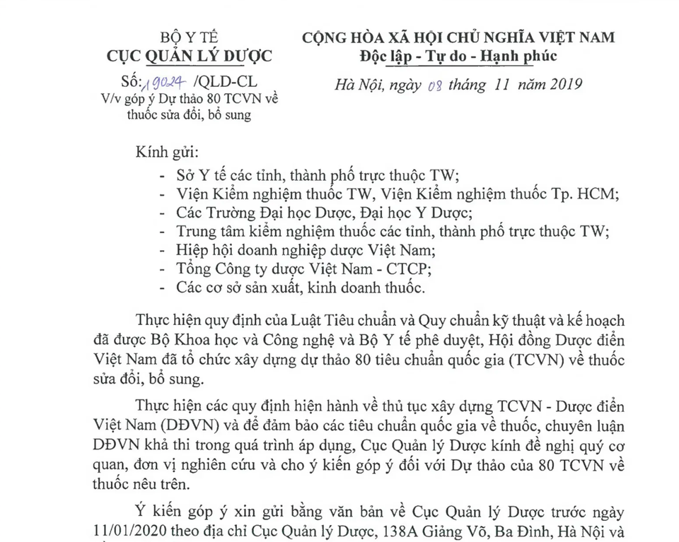Bộ Y tế xin ý kiến góp ý dự thảo 80 tiêu chuẩn quốc gia (TCVN) về thuốc sửa đổi, bổ sung - 1 Bộ Y tế xin ý kiến góp ý dự thảo 80 tiêu chuẩn quốc gia (TCVN) về thuốc sửa đổi, bổ sung - 1