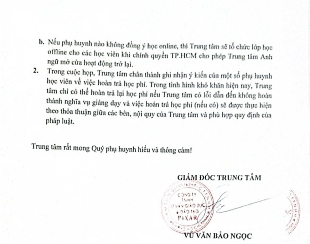 Trung tâm Pixar từ chối hoàn tiền cho học viên - 2 Trung tâm Pixar từ chối hoàn tiền cho học viên - 2