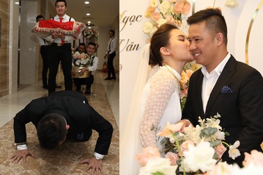 Ông xã Giang Hồng Ngọc vượt thử thách hít đất 50 lần để được đón dâu