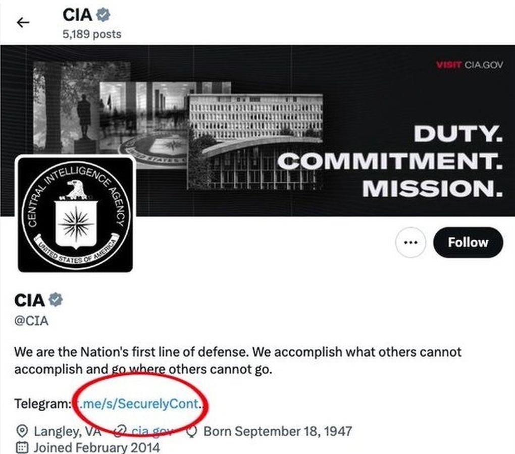 Đường dẫn đến kênh Telegram trên tài khoản X của CIA tự động bị rút ngắn, gây ra lỗi khi người dùng nhấn vào (Ảnh chụp màn hình). Đường dẫn đến kênh Telegram trên tài khoản X của CIA tự động bị rút ngắn, gây ra lỗi khi người dùng nhấn vào (Ảnh chụp màn hình).