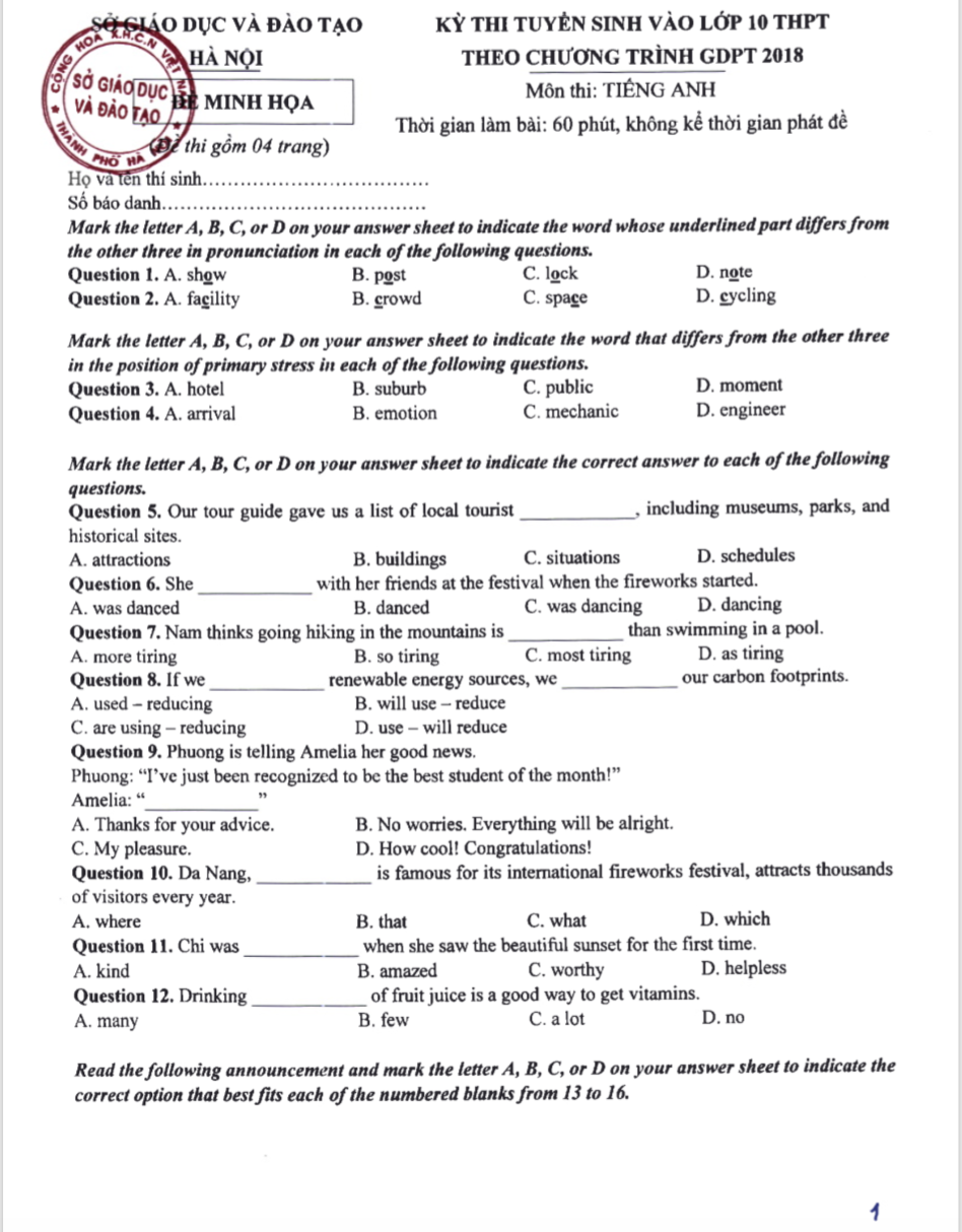 İngilizce dersi için önerilen cevaplar, 2025'te Hanoi'de yapılacak 10. sınıf giriş sınavı için örnek sınav - 1 Gợi ý đáp án môn tiếng Anh đề minh họa thi vào 10 của Hà Nội năm 2025 - 1