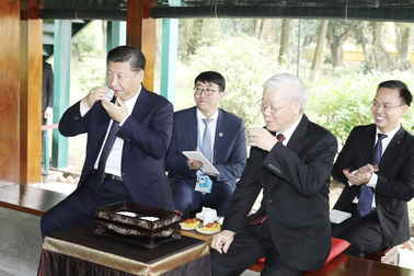 Tổng Bí thư Trung Quốc thưởng thức trà Việt ở Nhà sàn Bác Hồ