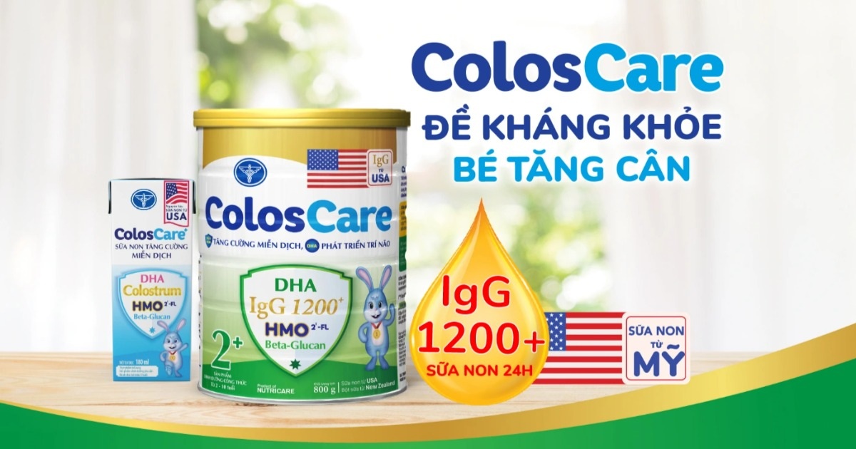 ColosCare 2+ chứa sữa non 24 giờ nhập khẩu Mỹ với hàm lượng kháng thể IgG lên tới hơn 1.200 mg giúp trẻ đề kháng khỏe (Ảnh: Nutricare).
