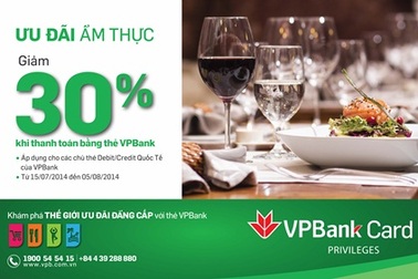 Chủ thẻ VPBank MasterCard được giảm đến 30% tại các nhà hàng lớn