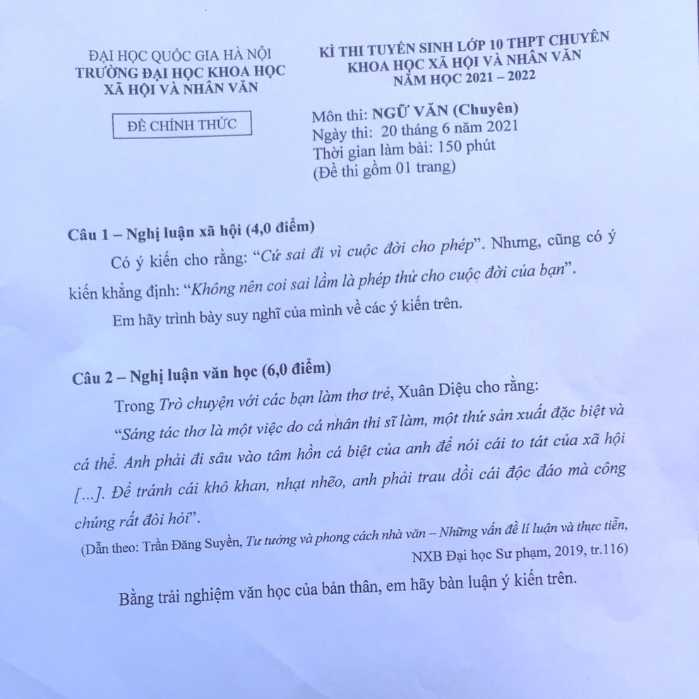 Thí sinh thi lớp 10 chuyên Văn phải giải mã nghĩa cứ sai đi và phép thử - 1 Thí sinh thi lớp 10 chuyên Văn phải giải mã nghĩa cứ sai đi và phép thử - 1