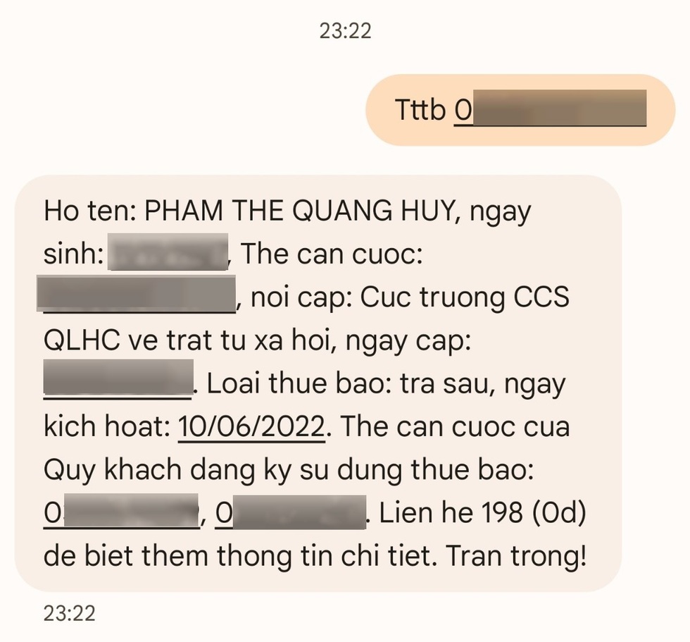 Tin nhắn do tổng đài 1414 gửi về sẽ chứa thông tin cá nhân của người dùng và những số thuê bao được đăng ký bằng thông tin cá nhân này (Ảnh chụp màn hình). Tin nhắn do tổng đài 1414 gửi về sẽ chứa thông tin cá nhân của người dùng và những số thuê bao được đăng ký bằng thông tin cá nhân này (Ảnh chụp màn hình).